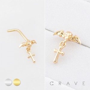 GOTHIC BAT SKULL DANGLING CROSS NOSE STUD 316L SURGICAL STEEL L-SHAPE NOSE RING